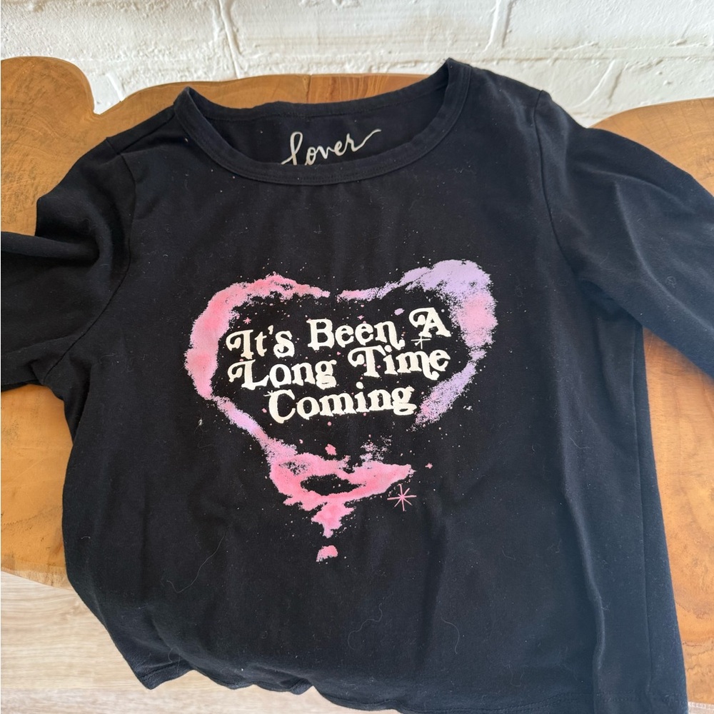 Taylor Swift Black Long Sleeve Tee with Pink and Purple Heart Graphic